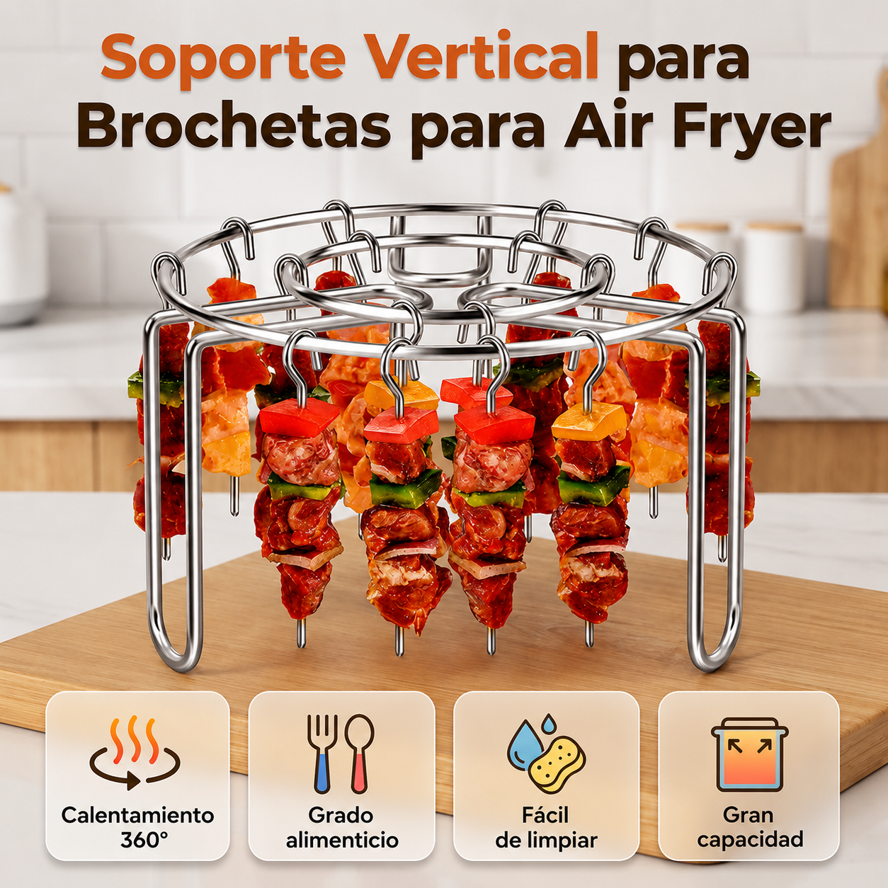 Soporte de acero inoxidable para brochetas de freidora de aire