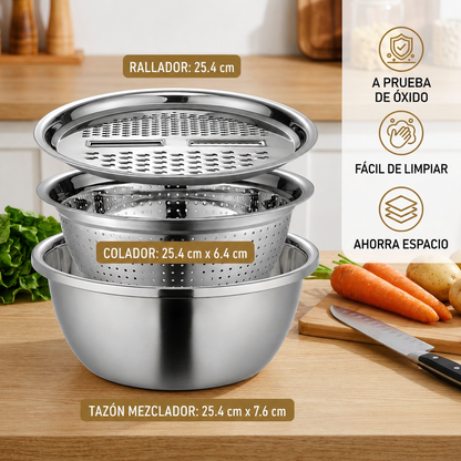 Cortador de verduras con rallador – Juego multifuncional de colador y bol para mezclar