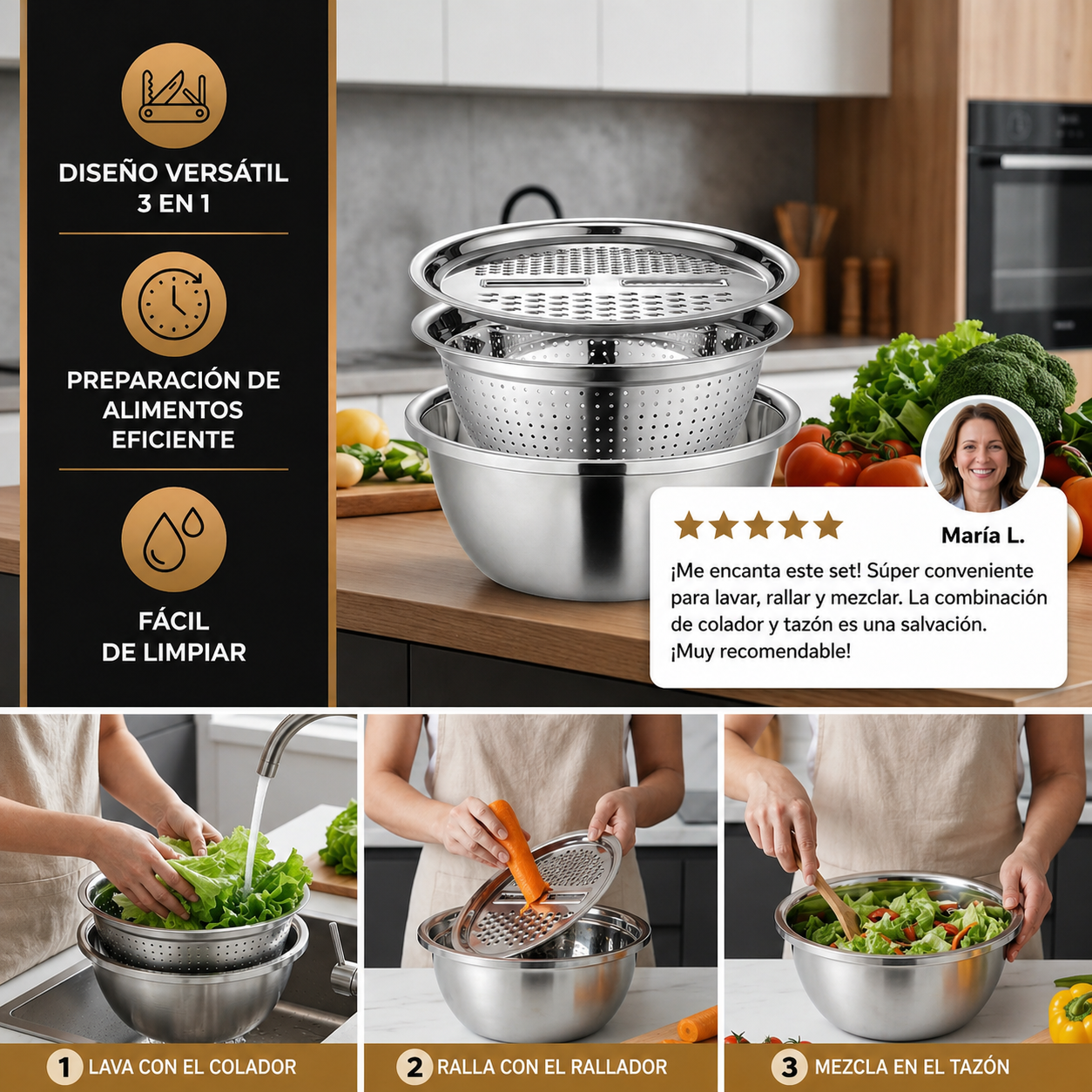 Cortador de verduras con rallador – Juego multifuncional de colador y bol para mezclar