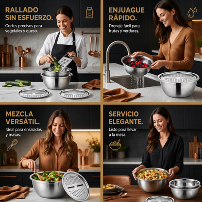 Cortador de verduras con rallador – Juego multifuncional de colador y bol para mezclar