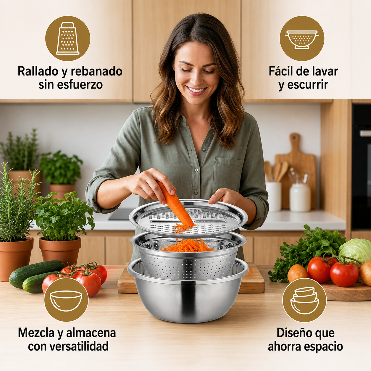 Cortador de verduras con rallador – Juego multifuncional de colador y bol para mezclar