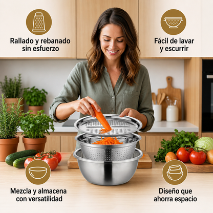 Cortador de verduras con rallador – Juego multifuncional de colador y bol para mezclar
