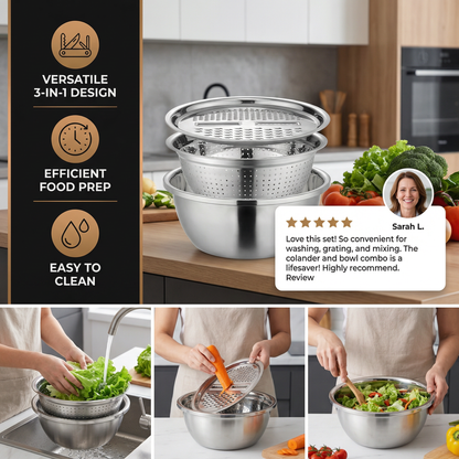 Cortador de verduras con rallador – Juego multifuncional de colador y bol para mezclar