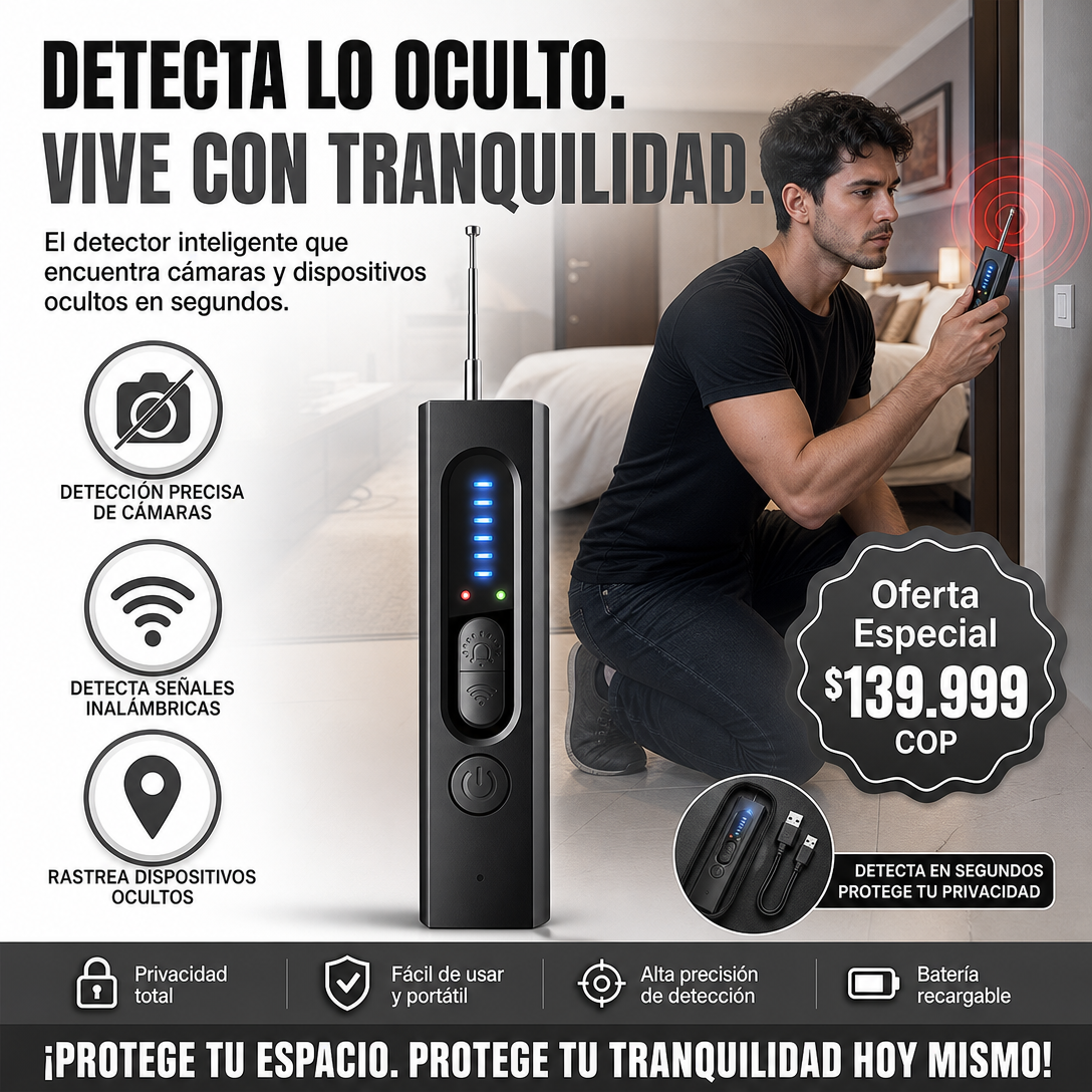 ! Detector anti-espía: 5 modos de detección, 6 niveles de sensibilidad. Encuentra cámaras ocultas, dispositivos de escucha y rastreadores GPS. ¡Mantente seguro en hoteles, coches y probadores!