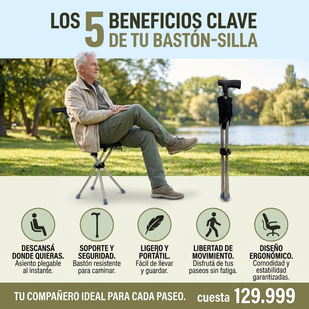 Bastón plegable 2 en 1 con silla: ¡libertad para caminar, descansar y explorar con facilidad!