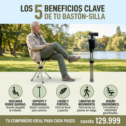 Bastón plegable 2 en 1 con silla: ¡libertad para caminar, descansar y explorar con facilidad!