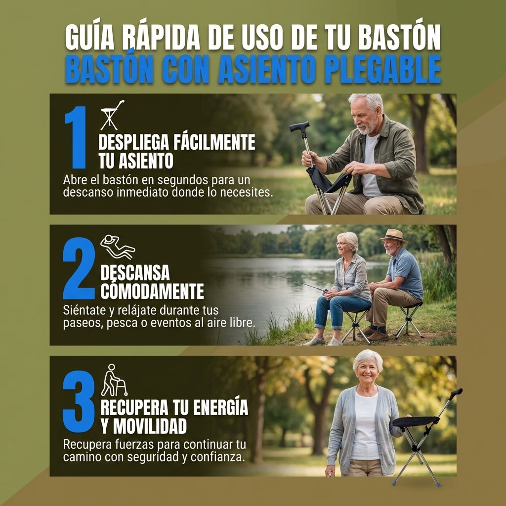 Bastón plegable 2 en 1 con silla: ¡libertad para caminar, descansar y explorar con facilidad!